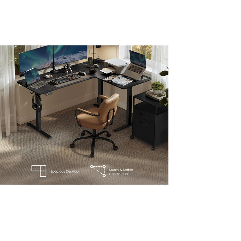 Bureau debout électrique en forme de L, bureau de coin réglable en hauteur avec prises de courant et 2 boutons de mémoire, bureau personnel