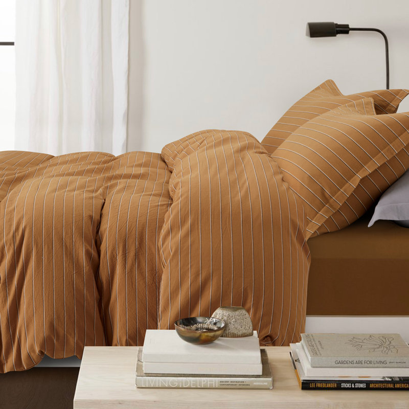 Dione Striped Yarn Dyed Washed Cotton Chambray Duvet Cover Set, Queen Duvet Cover + 2 Queen Shams, Burnt Orange