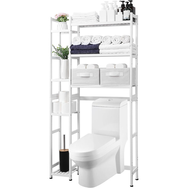 Brown Bamboo Adjustable Over-the-Toilet Storage Rack with Basket and Drawer