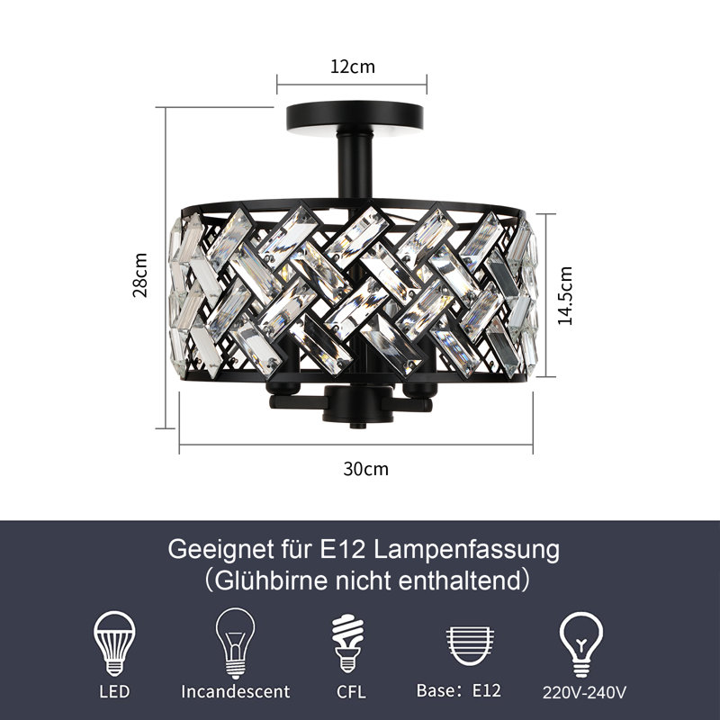 3-Light Modern Crystal Flush Mount Ceiling Light with Drum Shade Black Fixture for Bedroom Living Room Hallway