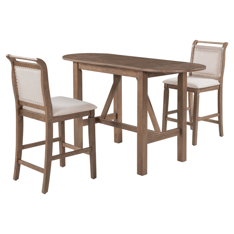 Ensemble de table de salle à manger à hauteur de comptoir en bois 3 pièces avec 2 chaises rembourrées pour petit endroit, brun