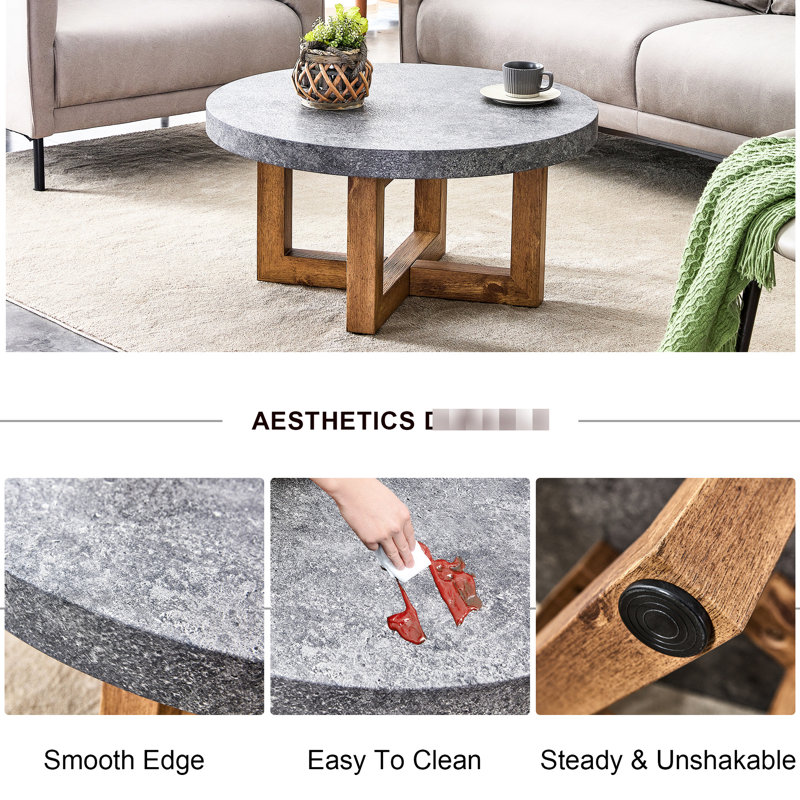 Table de 31,4 po de diamètre gris, avec pieds croisés et une élégante table basse texturée, pour un salon fonctionnel