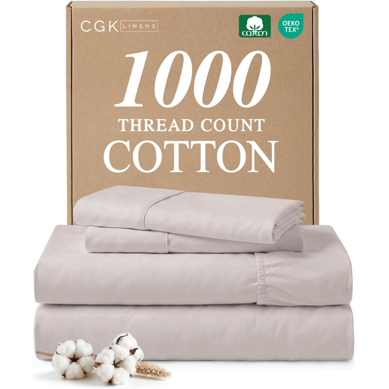 100% Cotton Sheet Set, 1000 Thread Count Hotel Luxury Bedding, Soft & Durable Bed Sheets, 4 Piece Set, Gray