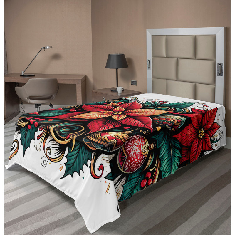 Ambesonne Christmas Top Flat Sheet Poinsettia Xmas Flowers Hot Pink Forest Green and Tan, Twin Flat Sheet