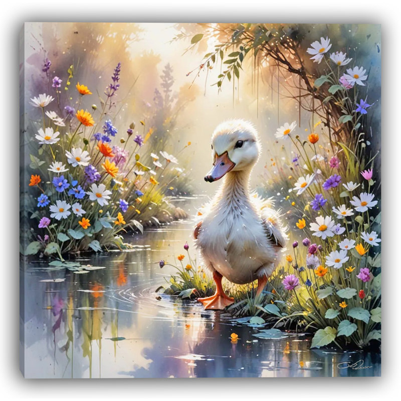 Toile tendue Golden Light : Caneton près d'un ruisseau fleuri, H 30 po x l 30 po
