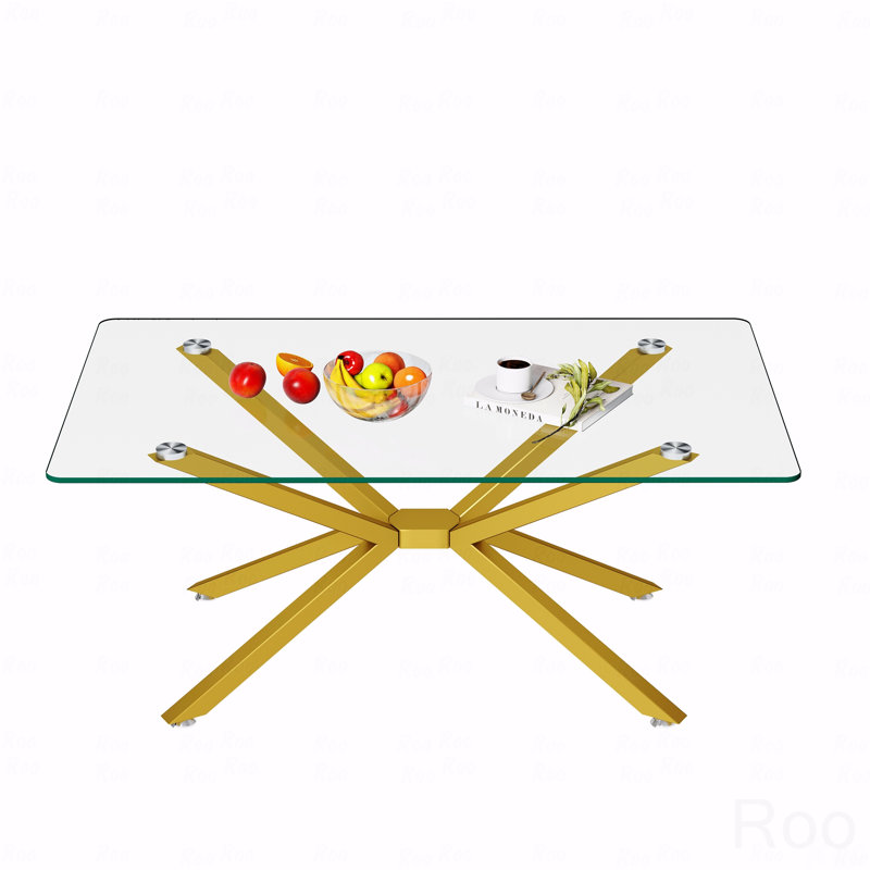 Table basse 39,37 "rectangulaire en verre trempé transparent, design élégant avec pieds en métal doré, Clair, Doré