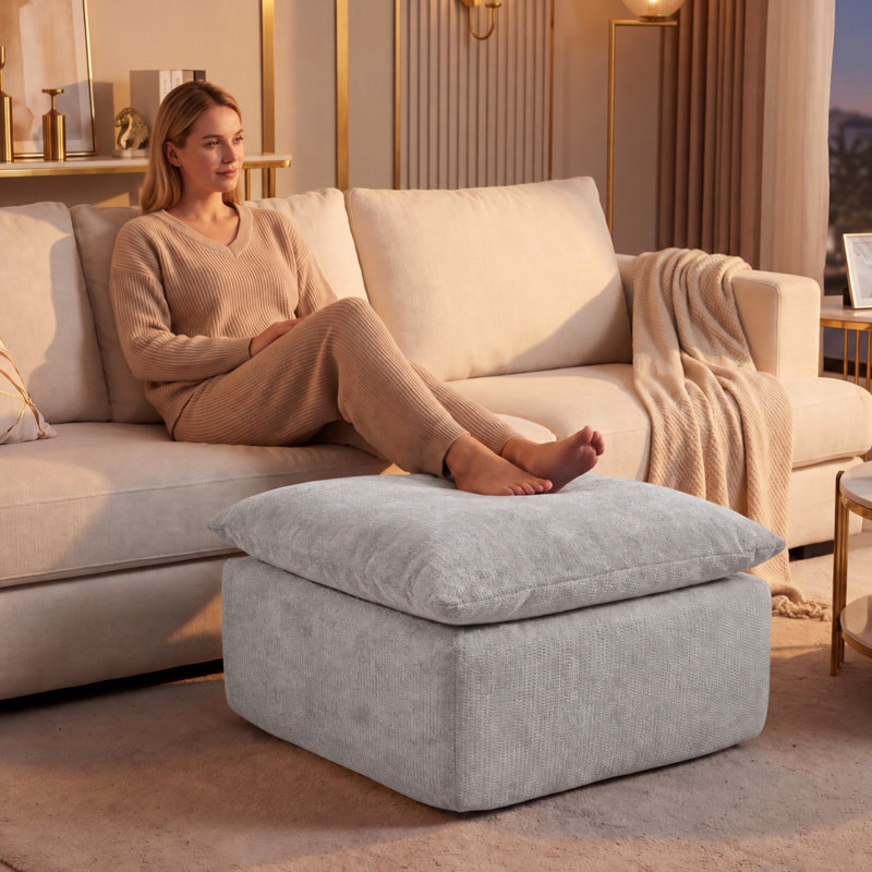 Pouf modulaire à compression pour canapé d'angle, repose-pieds moderne en chenille avec ressorts ensachés, livré roulé et sans montage, gris clair.