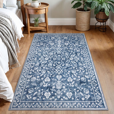 Blue Machine Washable Rugs for Bedroom Non-Slip Low Pile Throw Rugs with Rubber Backing Washable Carpet