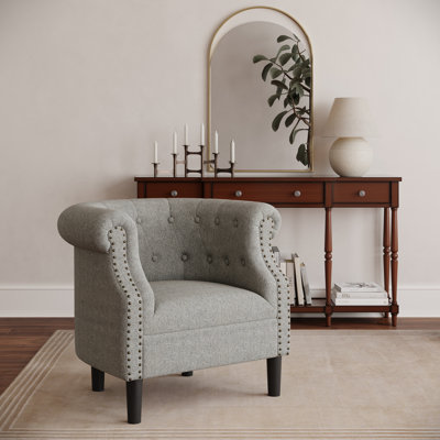 Lily Transitional Contemporary Upholstered Curved Back Accent Barrel Chair With Nailhead Trim - Sage by Red Barrel Studio