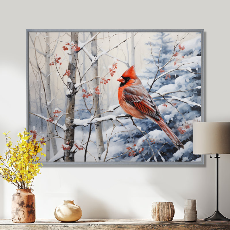 Canada, cardinal rouge, Winter Wonderland I, reproduction d'art sur toile, H 24 po x l 32 po x P 1 po, Encadrement argenté