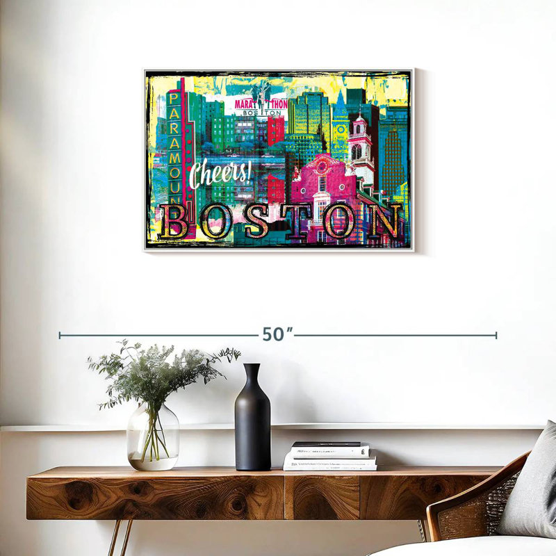 Repères grunge de Boston City, 31 po x 21 po, Cadre flottant blanc