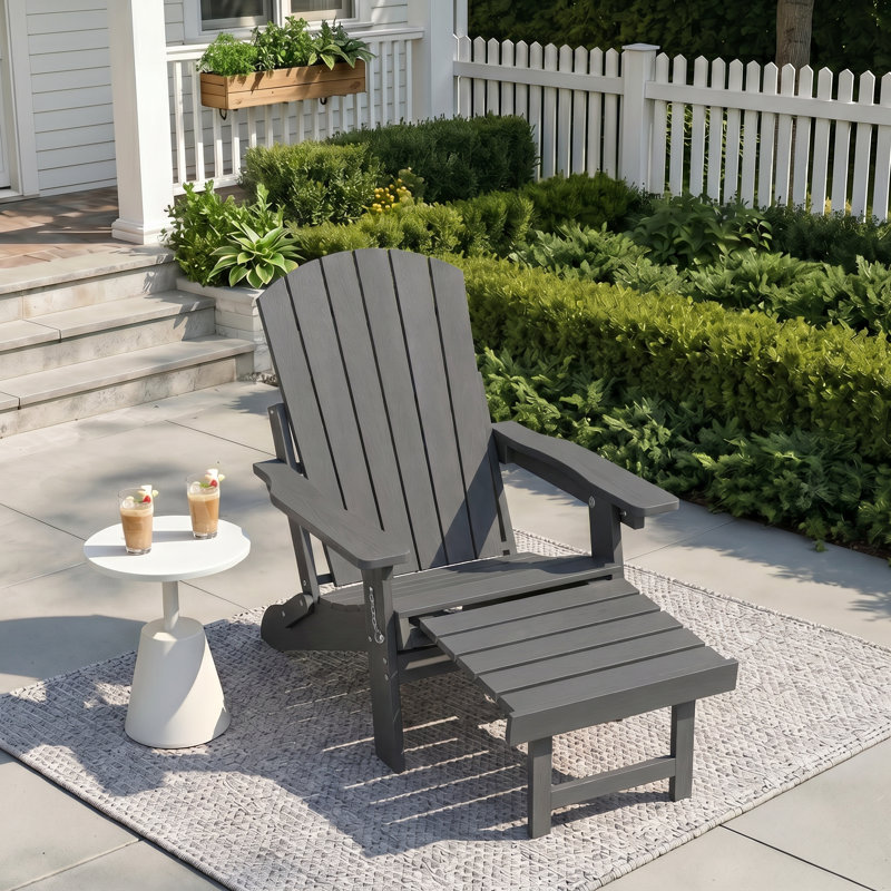  HDPE Outdoor Folding Adirondack Rocking Chair With Retractable Ottoman, Gray
