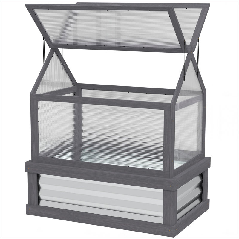 Serre grise avec détails en bois massif pour l'extérieur, 14 x 8,9 x 15,1 po, bois de sapin et polycarbonate