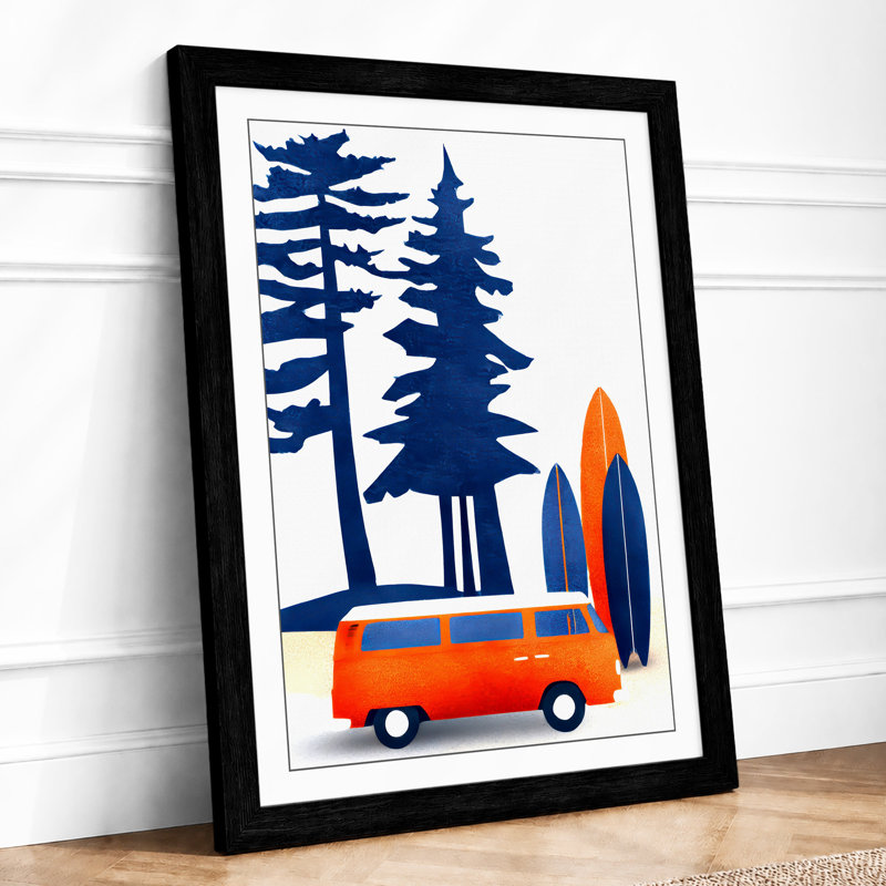 Camper at Treeline Retro 1 Piece Single Picture Frame Wall Art, A4 - 29.7 x 21.0 cm, Black