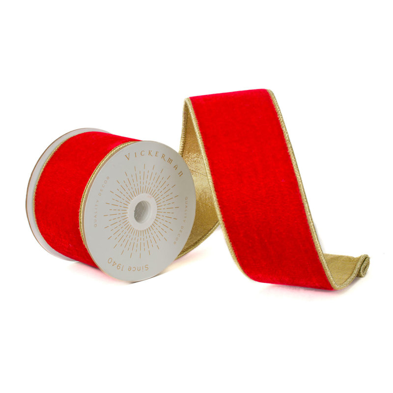 Vickerman 10 Yds Velvet with Gold Trim/Backing Ribbon., Red, 0.2" H x 360" W x 2.5" D