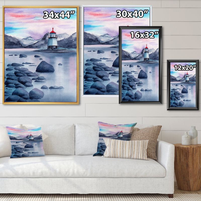 Paysage de soirée avec un phare - Peinture sur toile, H 40 po x l 30 po x P 1,5 po, Cadre flottant en érable