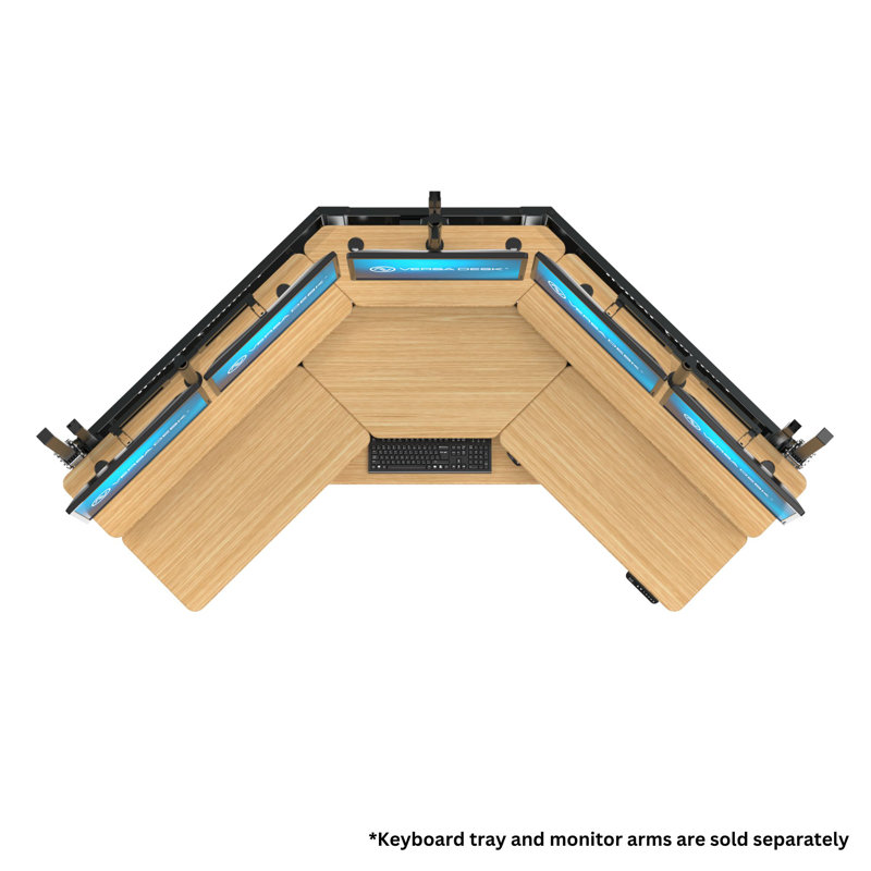 80" x 80" Bamboo and Black Adjustable L-Shaped Corner Desk with USB Ports