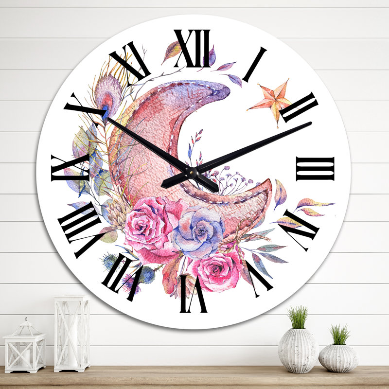 Pink And Purple Moon With Roses II - Bohemian & Eclectic Wall Clock, Medium
