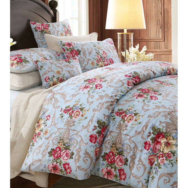  800TC 100% Egyptian Cotton Duvet Cover Set,3pcs Luxury Vintage Red Rose in Light Blue Bedding Set, Aesthetic Botanical Pattern for Bedroom Guest Room Student Dorm All Seasons