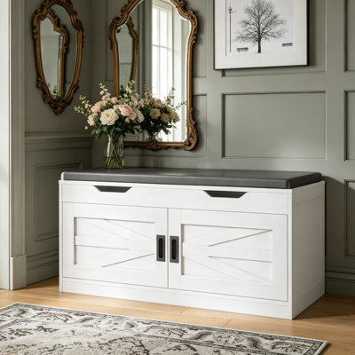 Shoe Bench With Lift Top Storage, 42.4 Inch Entryway Bench With Wider Cushioned Seat, End Of Bed Bench With Adjustable Shelf And 2 Doors For Hallway, Bedroom, White