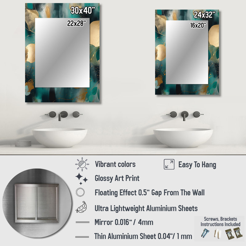 Green Gold Marbled Meditations IV - Marble Large Wall Mirror, Green Decorative Mirror, Printed Metal Art, 32" x 24"