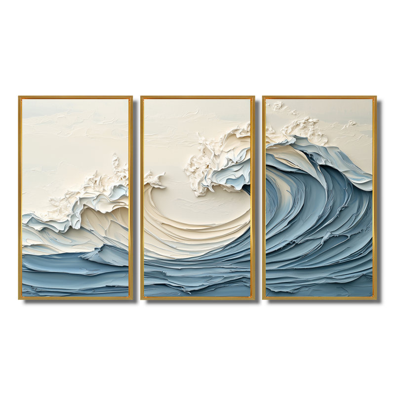 Art mural blanc et bleu style vague I - Coastal Waves, Toile avec cadre flottant or, H 40 po x l 60 po x P 1 po
