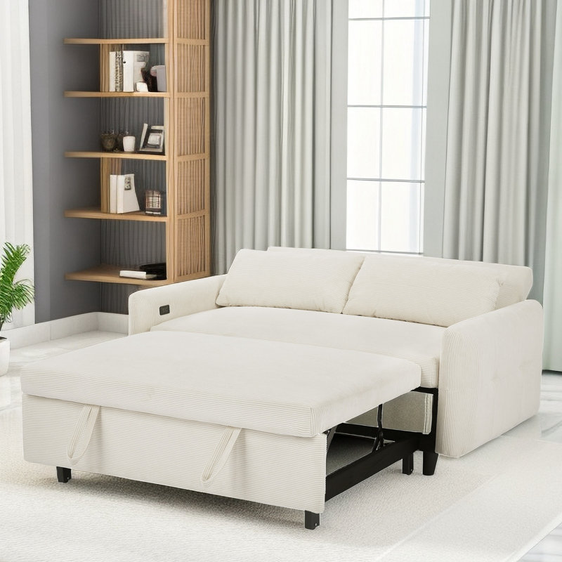 Isel 57'' Sofa Bed Sleeper Loveseat with USB Port and Two Pillows, Beige Corduroy