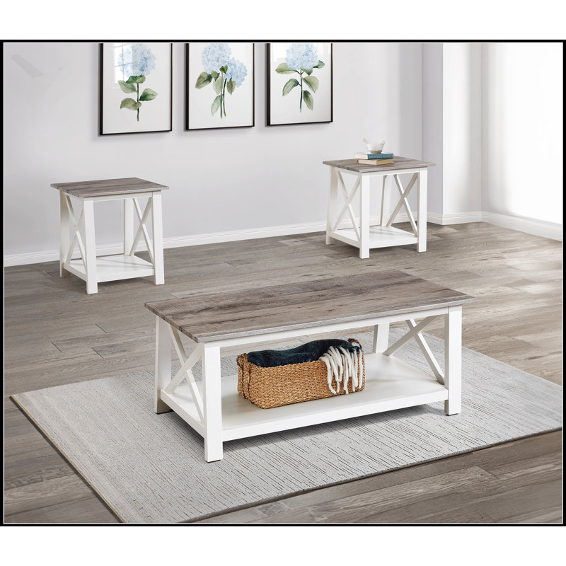 Ensemble élégant de tables basses et de tables de bout en bois 3 pièces, finition brun blanc, parfait pour les salons modernes