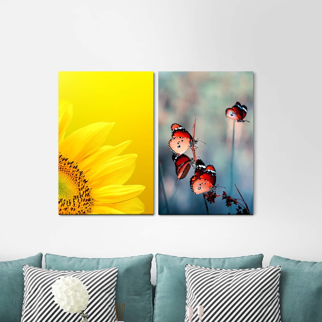 2-tlg. Leinwandbilder-Set - Grafikdruck „Poppies Red Sky Clouds Sunset Sun Evening Red”