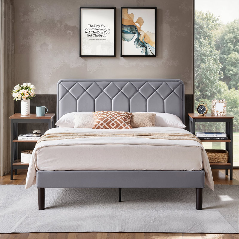 Grand lit tapissier avec 2 tables de chevet - Ensemble de chambre à coucher moderne, Grand