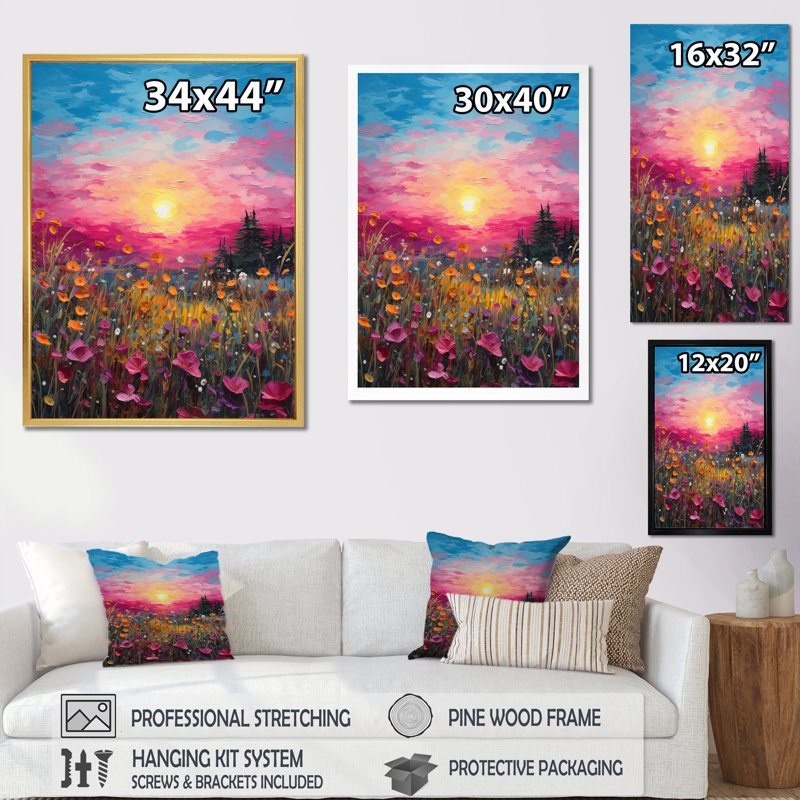 «Breathtake Sunset In Blossoming Flower Meadows I», reproduction sur toile, Cadre flottant noir, H 32 po x l 24 po x P 1 po
