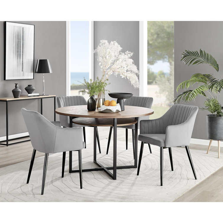 Aashif Round Dining Table Set with Shelf & 4 Luxury Modern Velvet Dining Chairs