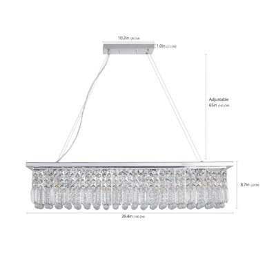 Modern Crystal Chandelier for Dining Room 8-Light White Rectangle Raindrop Chandelier Contemporary Rectangular Pendant Light Fixture for Kitchen Island Bar L39.4'' x W9.8'' x H8.7'