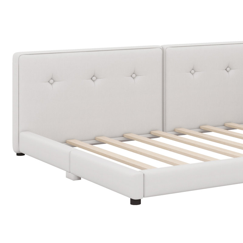 Lit plateforme tapissier avec ports USB, Beige, Grand lit