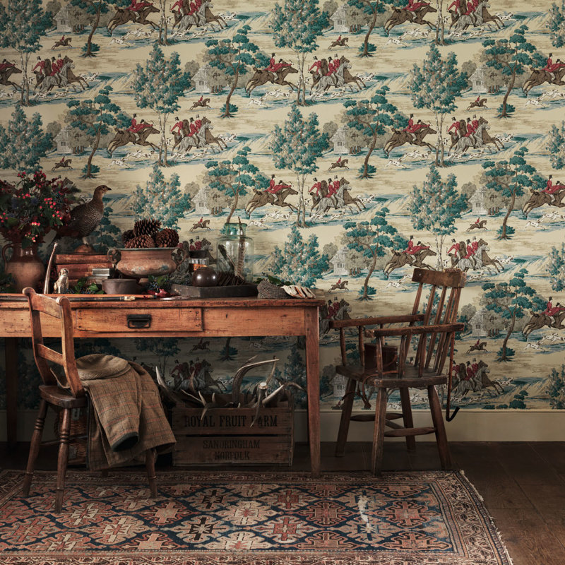 Tally Ho Wallpaper, Evergreen/Crimson