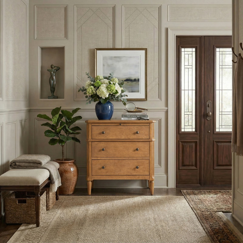 Vandyke Traditional 28"W 3-Drawer End Table with Pull-out Tray and Hidden Drawer and Solid Wood Legs, Teak