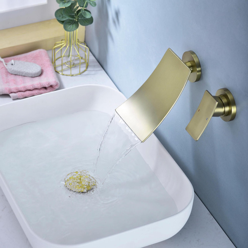 Wall-mounted widespread bathroom faucet with single handle design for bathroom sinks and bathtubs, Gold