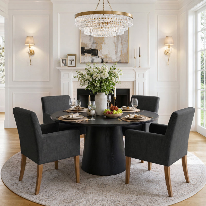 Ensemble de table de salle à manger 4 personnes Woodcroft avec table ronde unie et 4 fauteuils rembourrés en tissu, Black