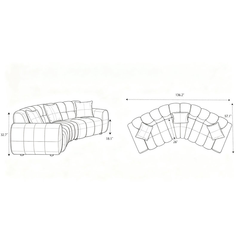 Canapé courbé Type3 4S de style moderne l 136 po Jozwiak, Chenille verte