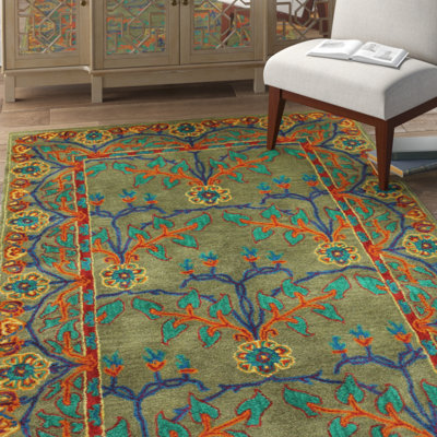 Earna Floral Handmade Tufted Wool Taupe/Rust/Teal Area Rug