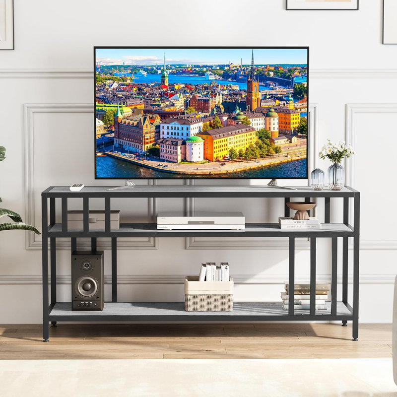 65" Farmhouse TV Stand for TVs up to 75", Entertainment Center with Open Shelves & Metal Frame, Gray