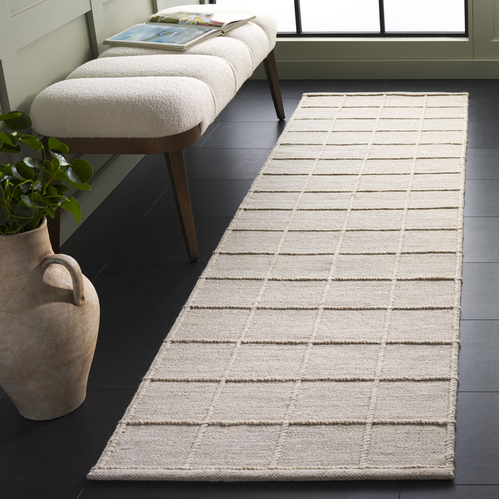 Beige Hand-Woven Geometric Wool Rug, Runner 2'3" x 8'