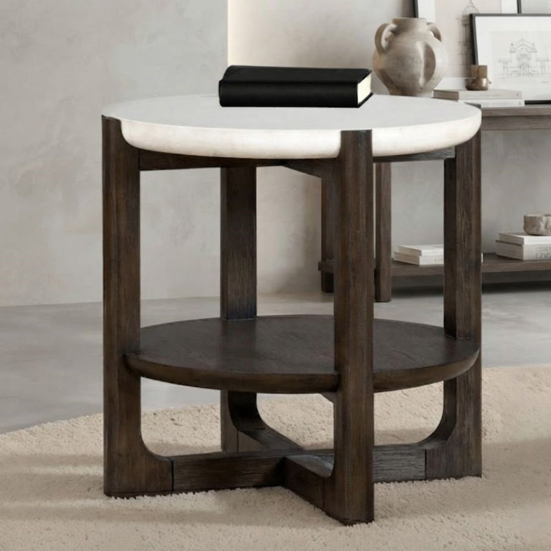 Table de bout ronde en pierre de quartz brun / blanc avec tablette ouverte et ports de charge USB 21,5 po Rafferty