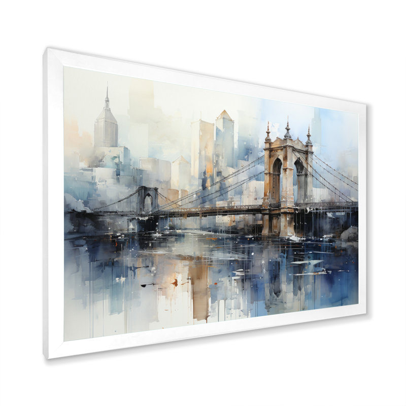 Egisto Blue Bridge Reflection Connections - Imprimé, H 30 po x l 40 po x P 1,5 po, Cadre simple blanc