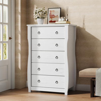 5-Drawer Dresser for Bedroom, Modern Wood Chest with Large Storage Space, 45" Tall Dresser Organizer Cabinet with Metal Ring Handles for Closet, Hallway, Entryway, white