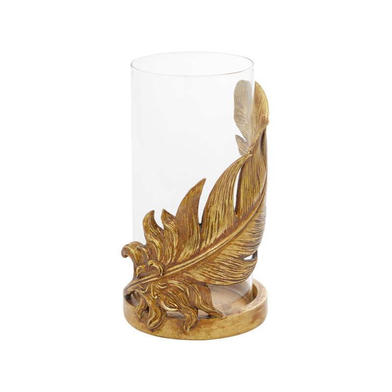 Glass Feather Pillar Bird Gold Hurricane Lamp, 10" H x 6" W x 6" D