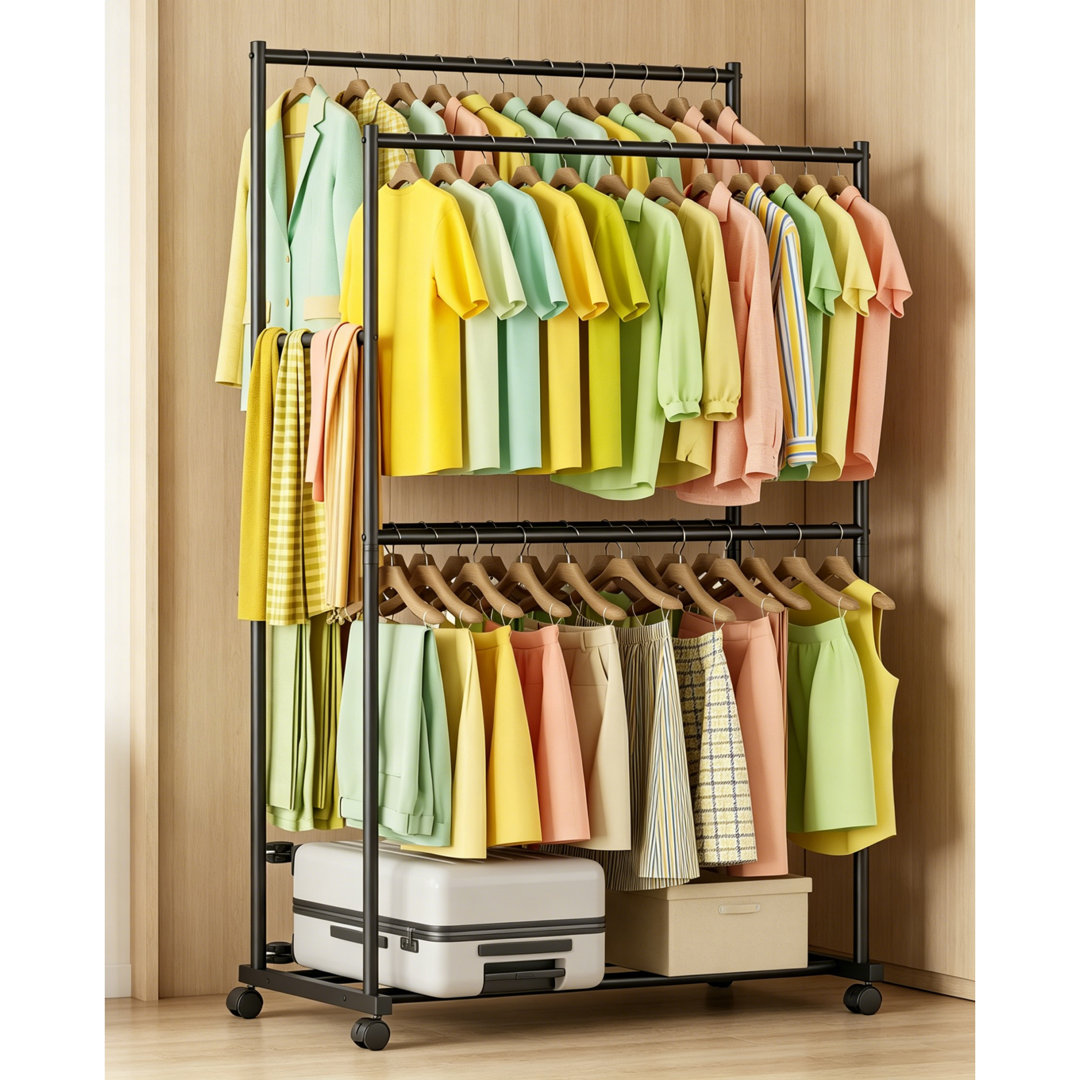 Heavy Duty 4-Bar Double Rod Clothes Rack, 92×54×183cm Wheeled Metal Garment Rail, Black Coat Storage Stand for Bedroom Laundry Closet