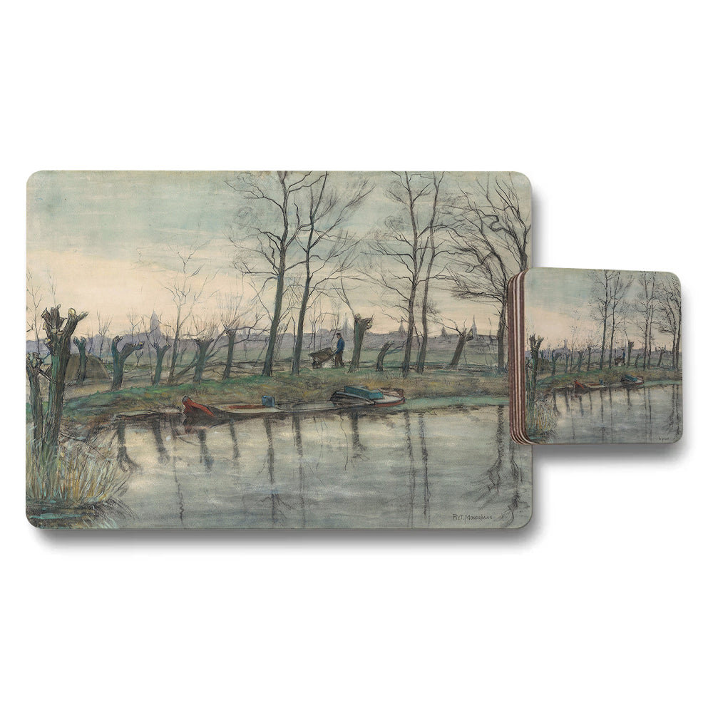 Riverbank Landscape Placemat and Coaster Set with Trees and Water