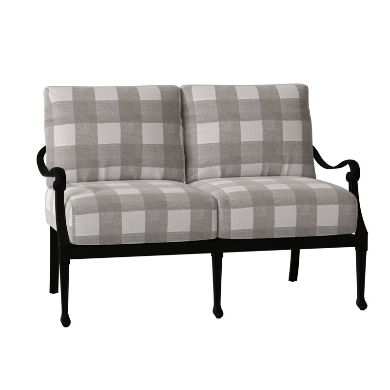 Wiltshire 49.3'' Wide Aluminum Loveseat with Cushions, Weathered White, Prescott Dove Check Sunbrella®