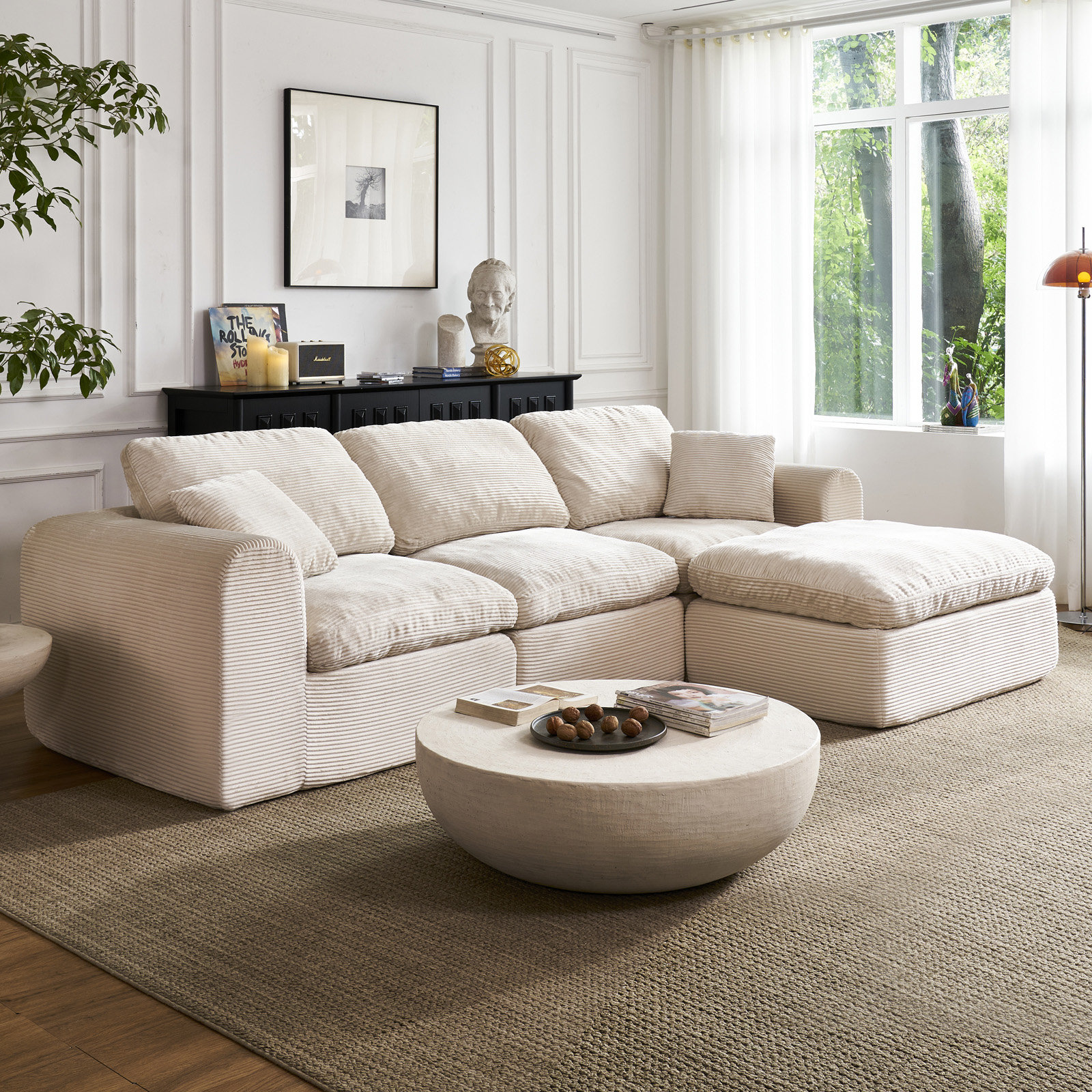 108" Cloud Compression Sectional Couches for Living Room, Convertible L-Shape Boneless Couch with Ottoman, 4 Seater Modular Cloud Sofa with Deep Seat (Beige, 3 Seater + 1 Ottoman) - 24.8" H x 108" W x 68.9" D